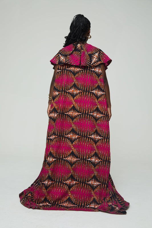 Magenta and Black Print Two - piece Set with Ruffled Shawl