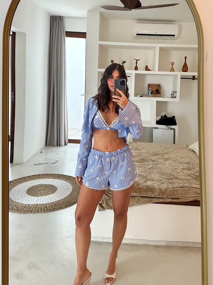 Blue Striped Floral - Embroidered Crop Jacket, Bikini Top & Shorts Set