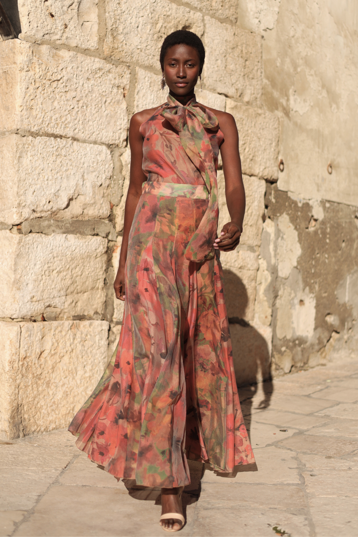 Floral Print Halter Neck Maxi Dress