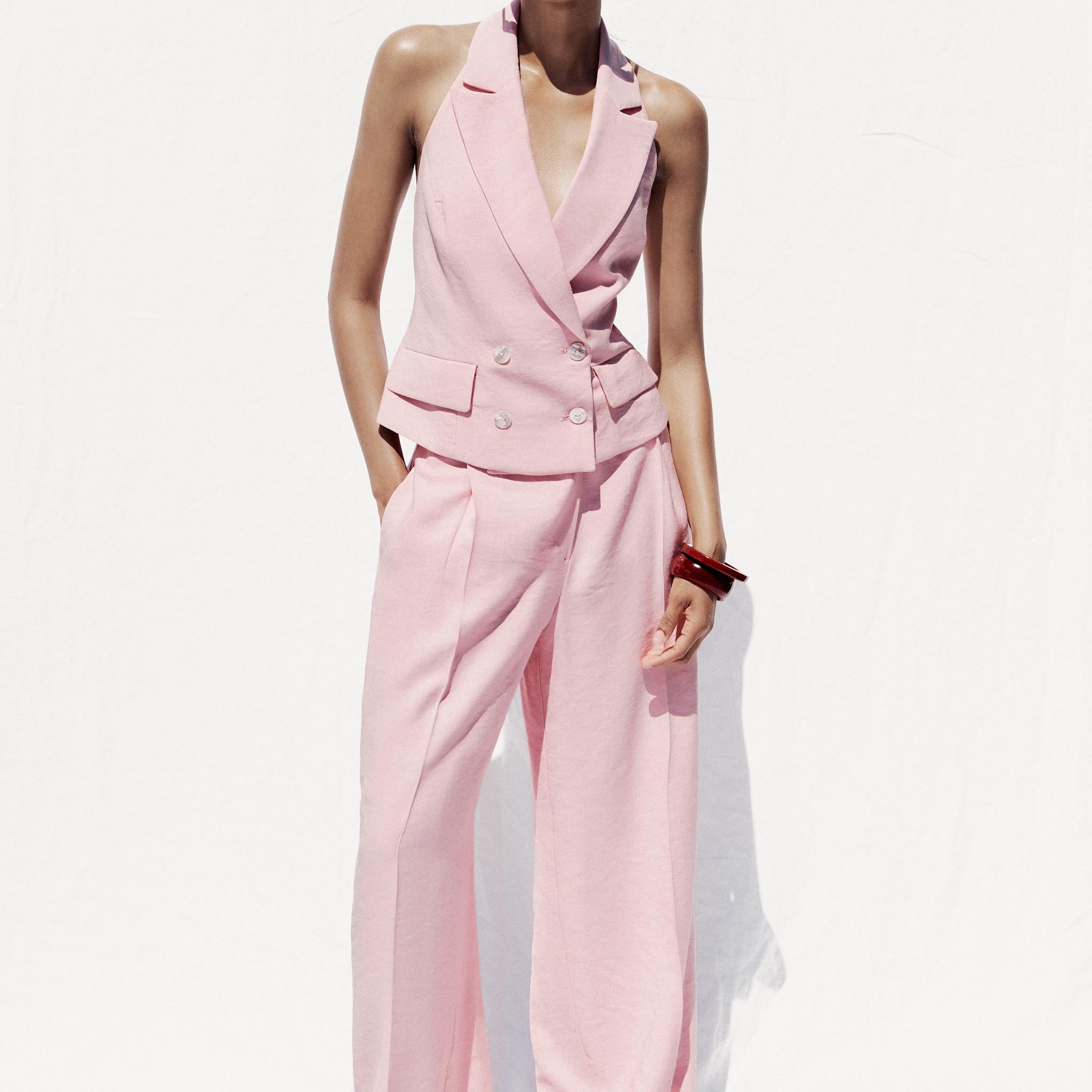 Pink Halter Neck Vest & Wide - Leg Pants Set