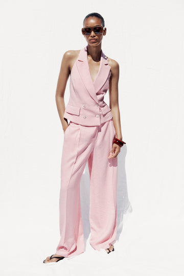 Pink Halter Neck Vest & Wide - Leg Pants Set