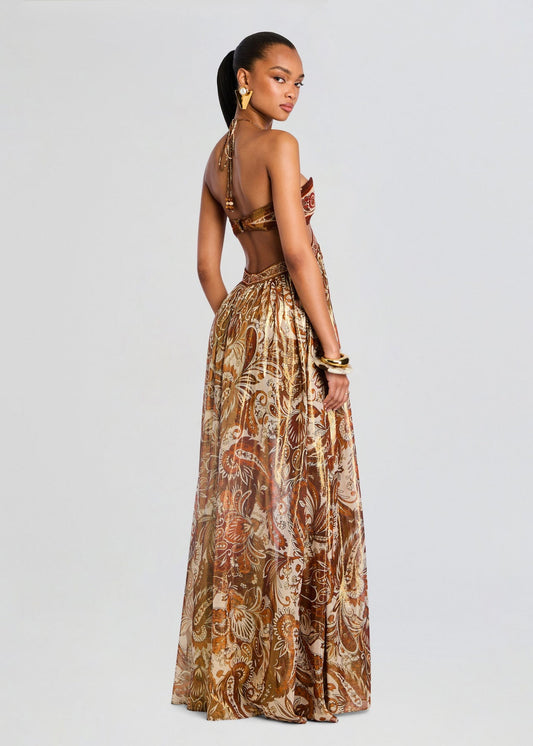 Printed Strapless Cut - Out Maxi Dress