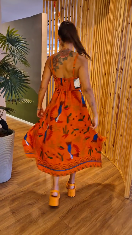 Orange Tropical Print Maxi Dress