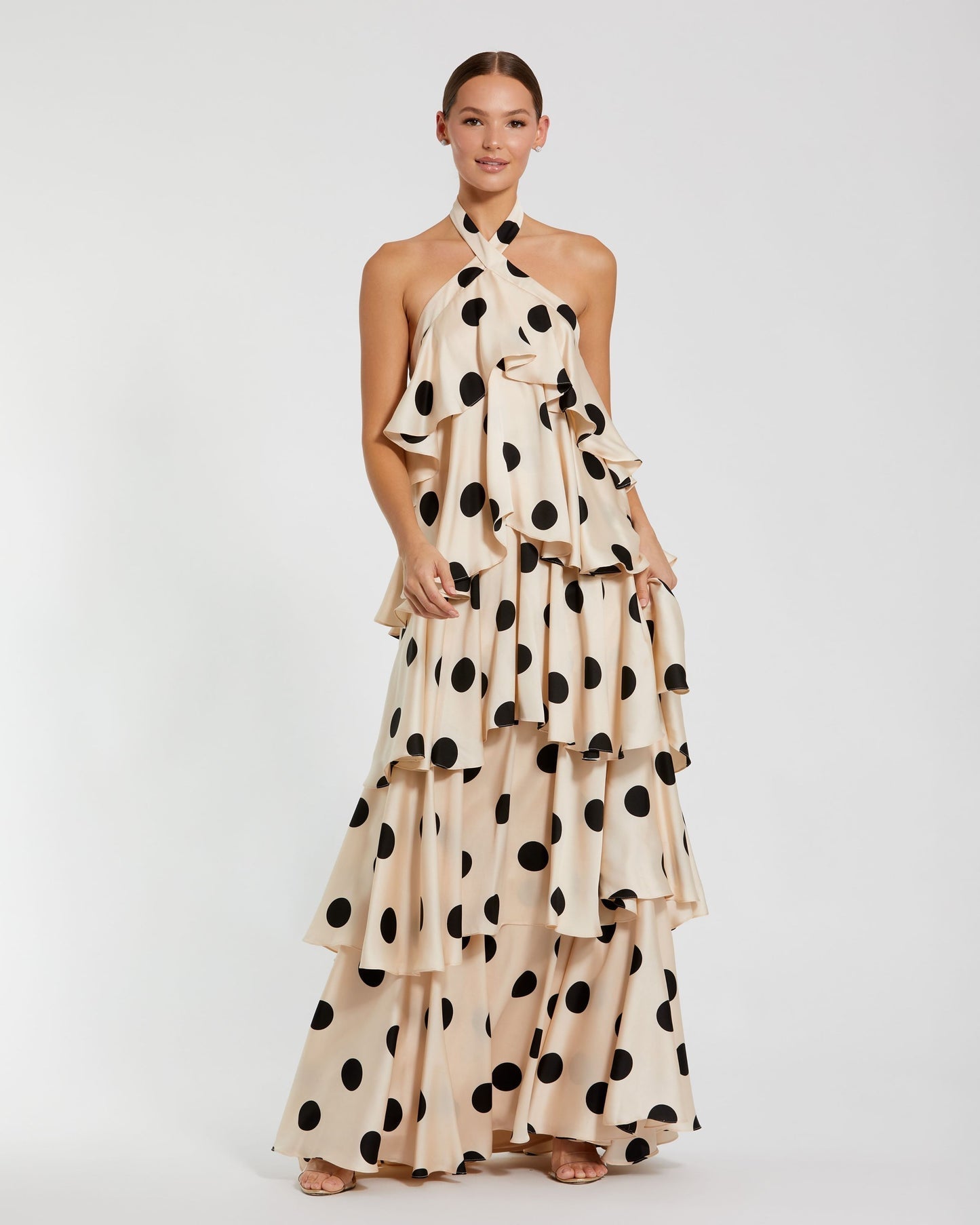 Beige Polka Dot Halter Neck Tiered Maxi Dress