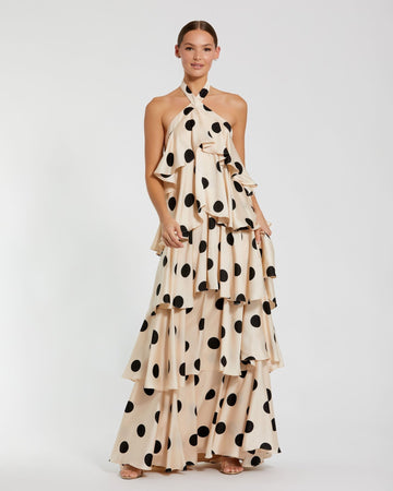 Beige Polka Dot Halter Neck Tiered Maxi Dress