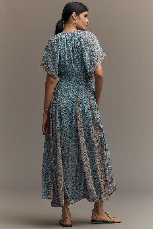 Blue Floral Button - Front Maxi Dress