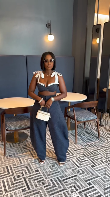 Striped Bow - Strap Crop Top & Wide - Leg Pants Set