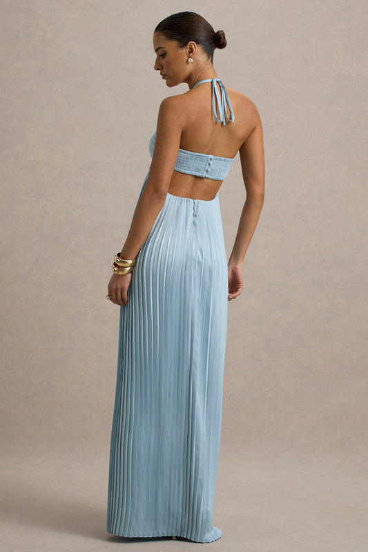 Light Blue Halter Neck Pleated Maxi Dress