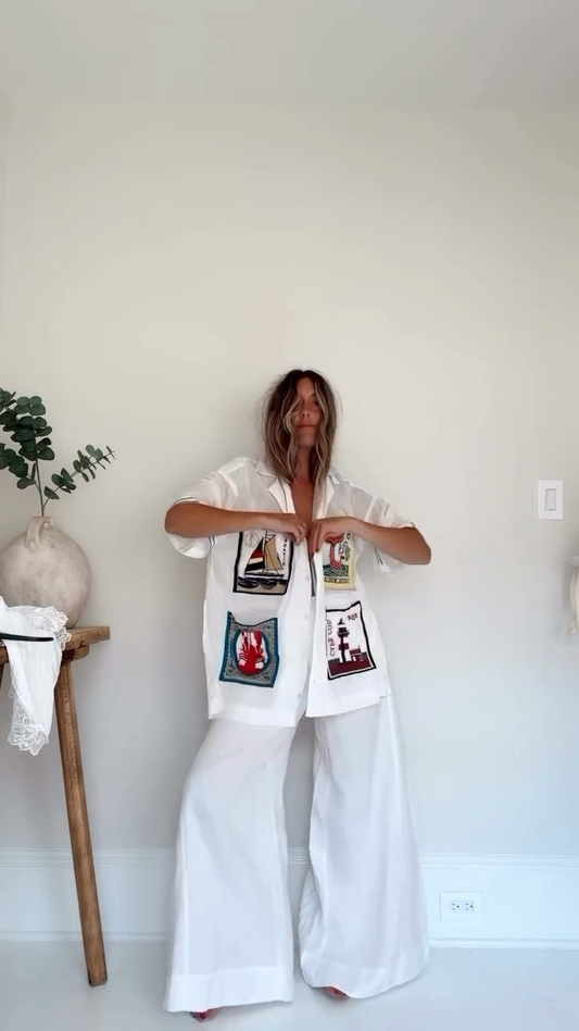 Embroidered Patch Sheer Shirt & Wide - Leg Pants Set