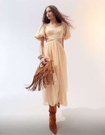 Beige Cut - Out Midi Dress with Puff Sleeves