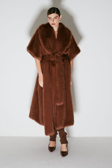 Brown Belted Faux Fur Maxi Coat