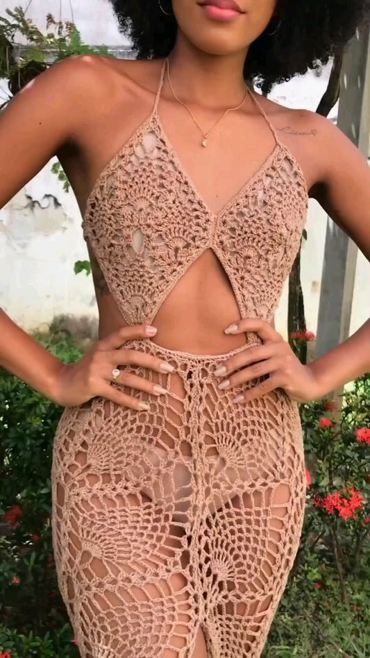 Beige Crochet Halterneck Cut - out Dress