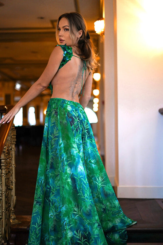 Green Tropical - Print Cut - Out Gown with Embellishments