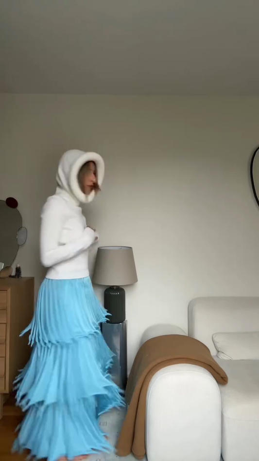 Turtleneck Top with Blue Tiered Midi Dress