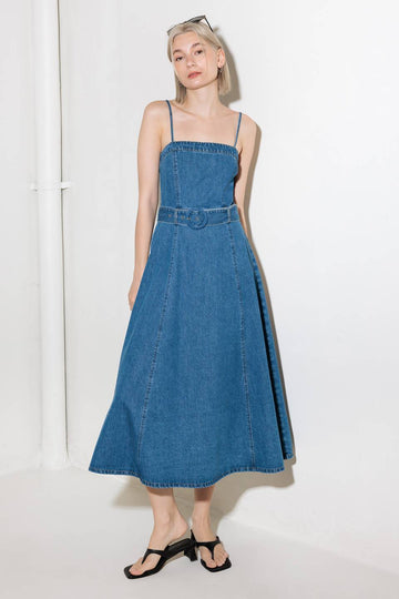 Blue Denim Belted Midi Dress