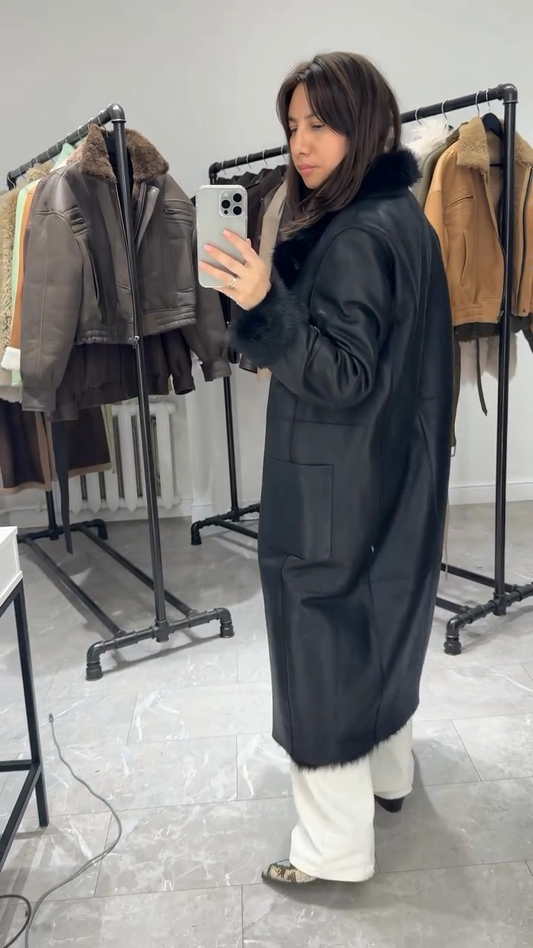 Black Leather Coat with Fur Trim