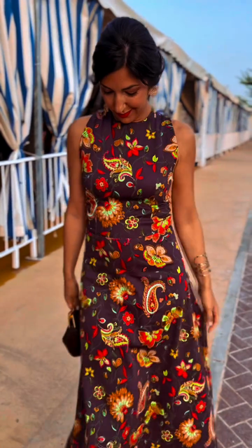 Floral print sequined back maxi dress