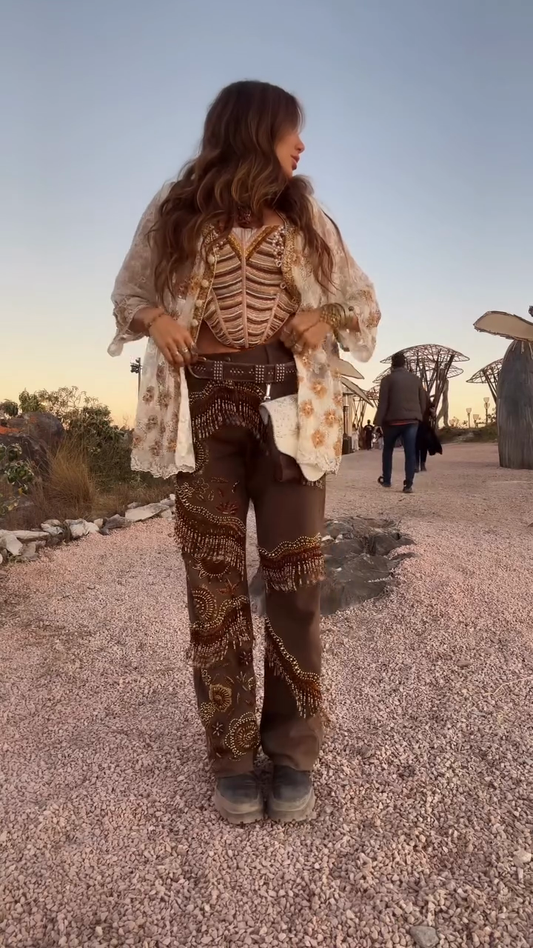 Brown Wide - Leg Pants with Intricate Beadwork