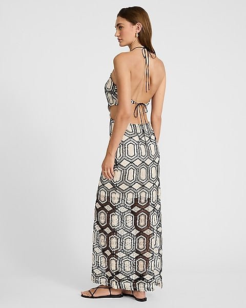 Geometric - Patterned Halter Cut - Out Maxi Dress