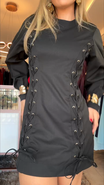 Black Long - Sleeve Lace - Up Mini Dress