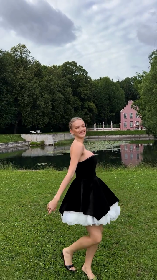 Black Strapless Velvet Dress with White Floral Hem