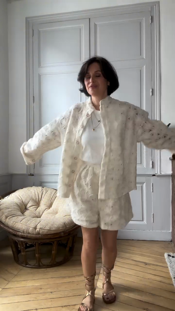 Ivory Embroidered Button - Up Jacket and Shorts Set