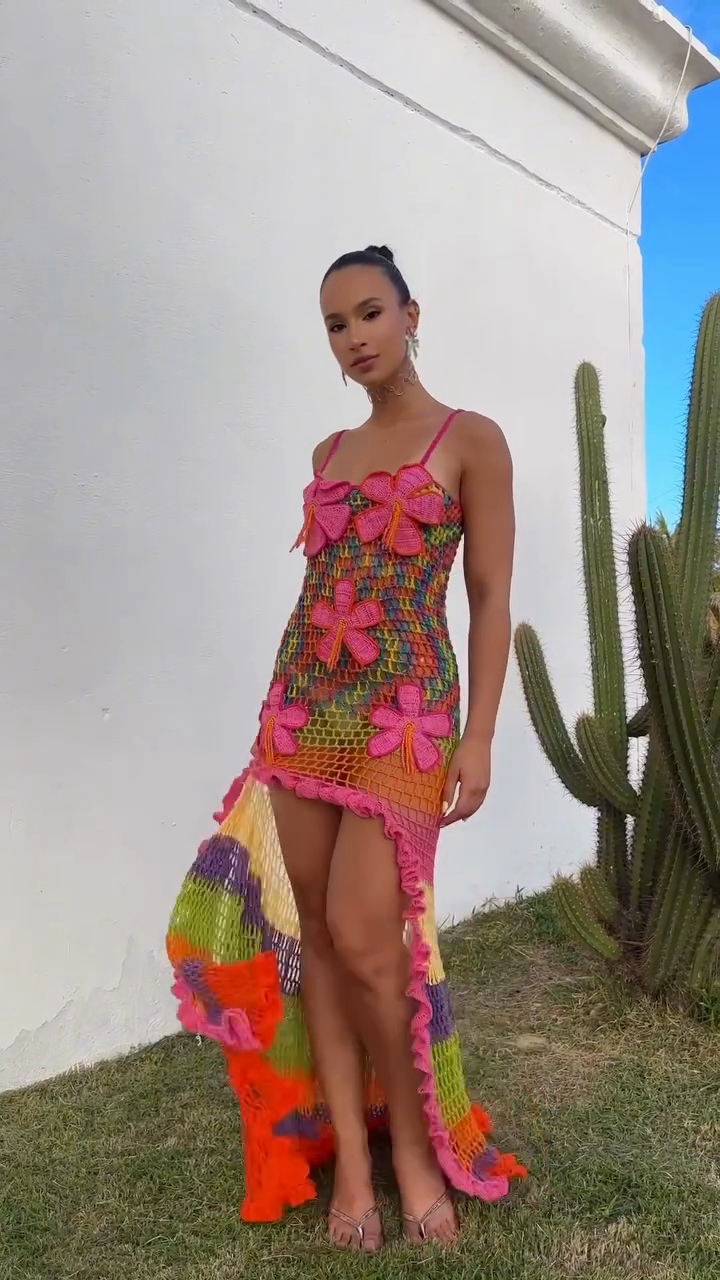 Colorful Crochet Floral Asymmetrical Dress