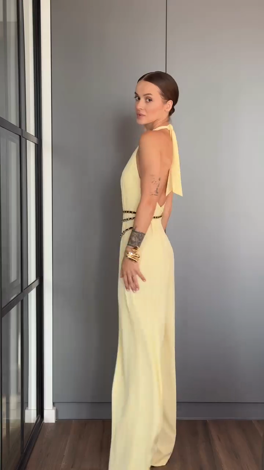 Yellow Asymmetric Cape - Sleeve Jumpsuit