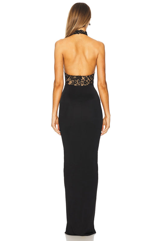 Black Halter Neck Lace - Paneled Maxi Dress