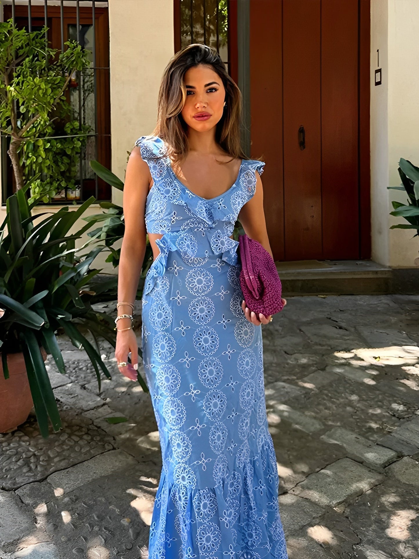 Blue Printed Ruffle - Sleeve Maxi Dress