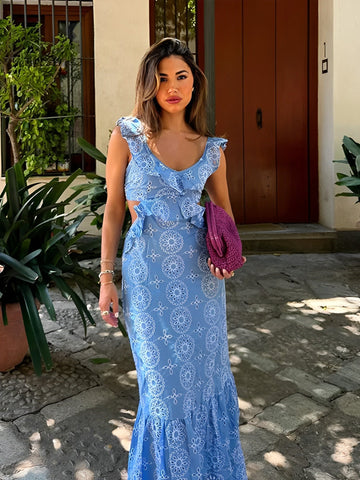 Blue Printed Ruffle - Sleeve Maxi Dress