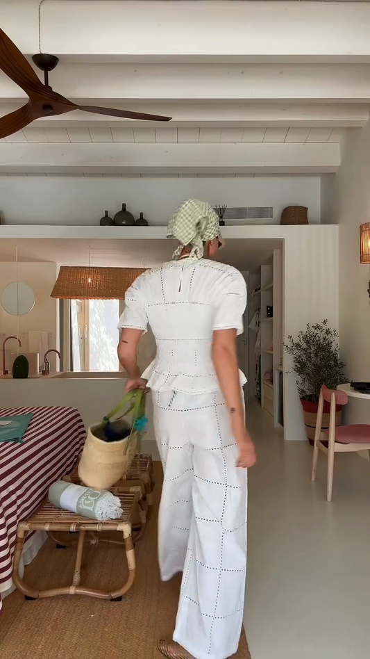 White Eyelet Embroidery Top and Wide Leg Pants Set