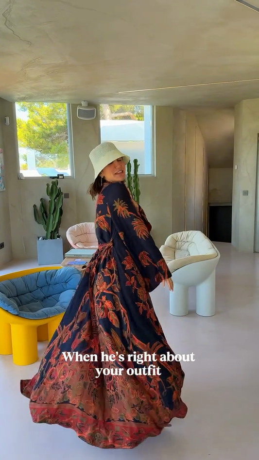 Floral Print Kaftan - Style Top, Crop Bra and Wide - leg Pants Set