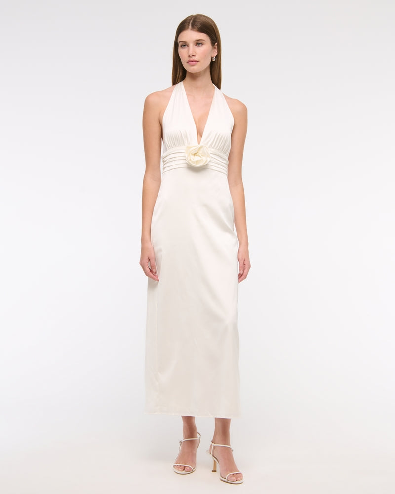 White Halter Neck Satin Maxi Dress