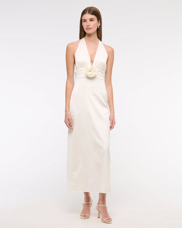 White Halter Neck Satin Maxi Dress