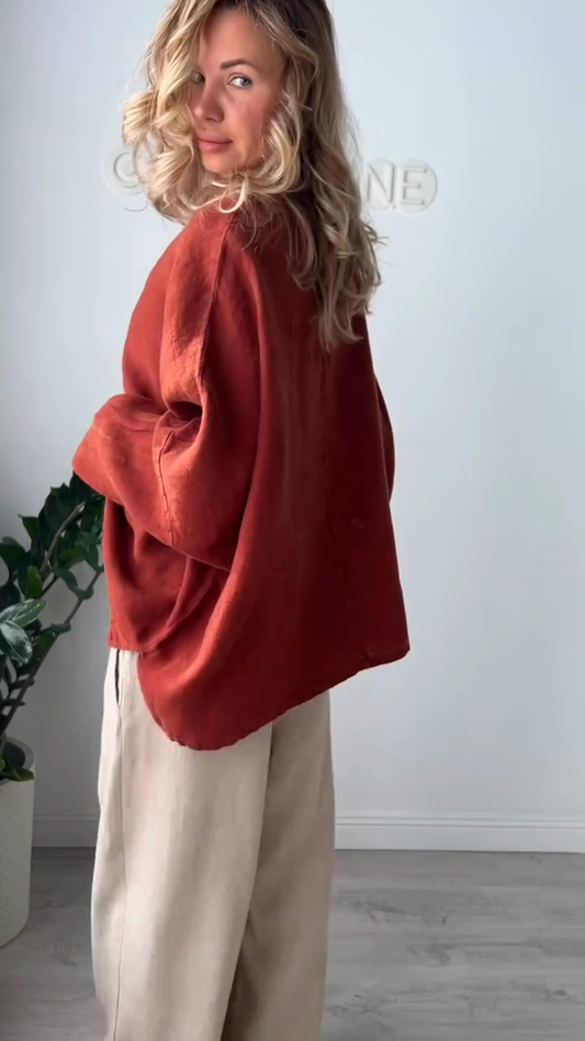 Rust - Colored Embroidered V - Neck Blouse