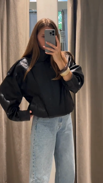 Black Faux Leather Cropped Jacket with Puff Sleeves