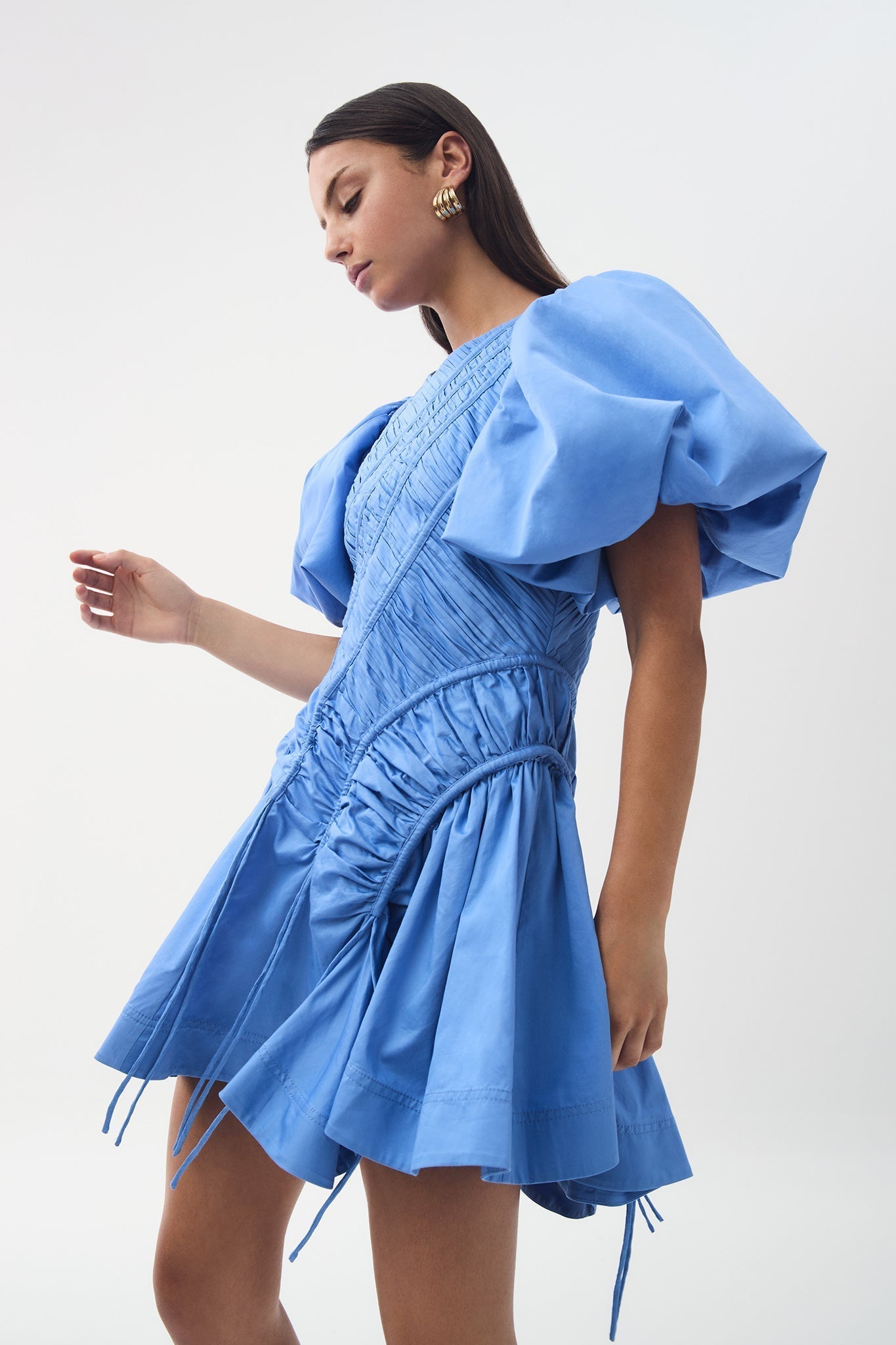 Baby Blue Puff - Sleeve Ruched Mini Dress