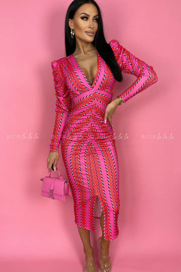 Puff Sleeve Printed Ruffled Midi Dress