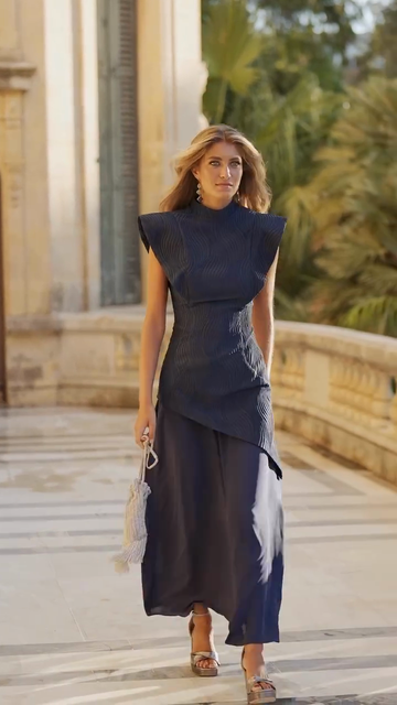 Navy Blue High - Neck Asymmetric Maxi Dress