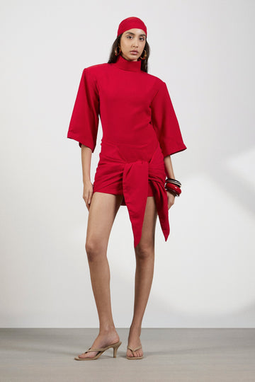 Red High - Neck Tie - Waist Mini Dress