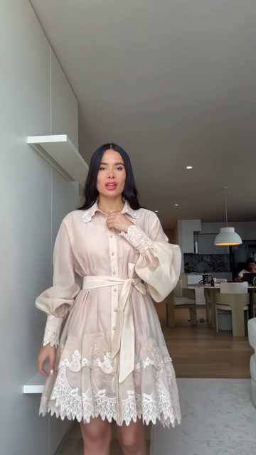 Beige Embroidered Shirt Dress with Belt