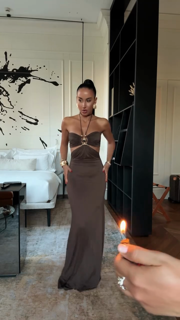 Brown Strapless Cut - Out Maxi Dress