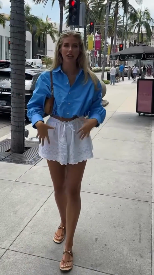 Blue Cropped Button - Down Shirt with White Embroidered Shorts