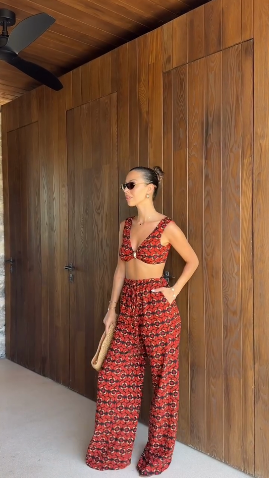 Red Patterned Cropped Top and Wide Leg Pants Set