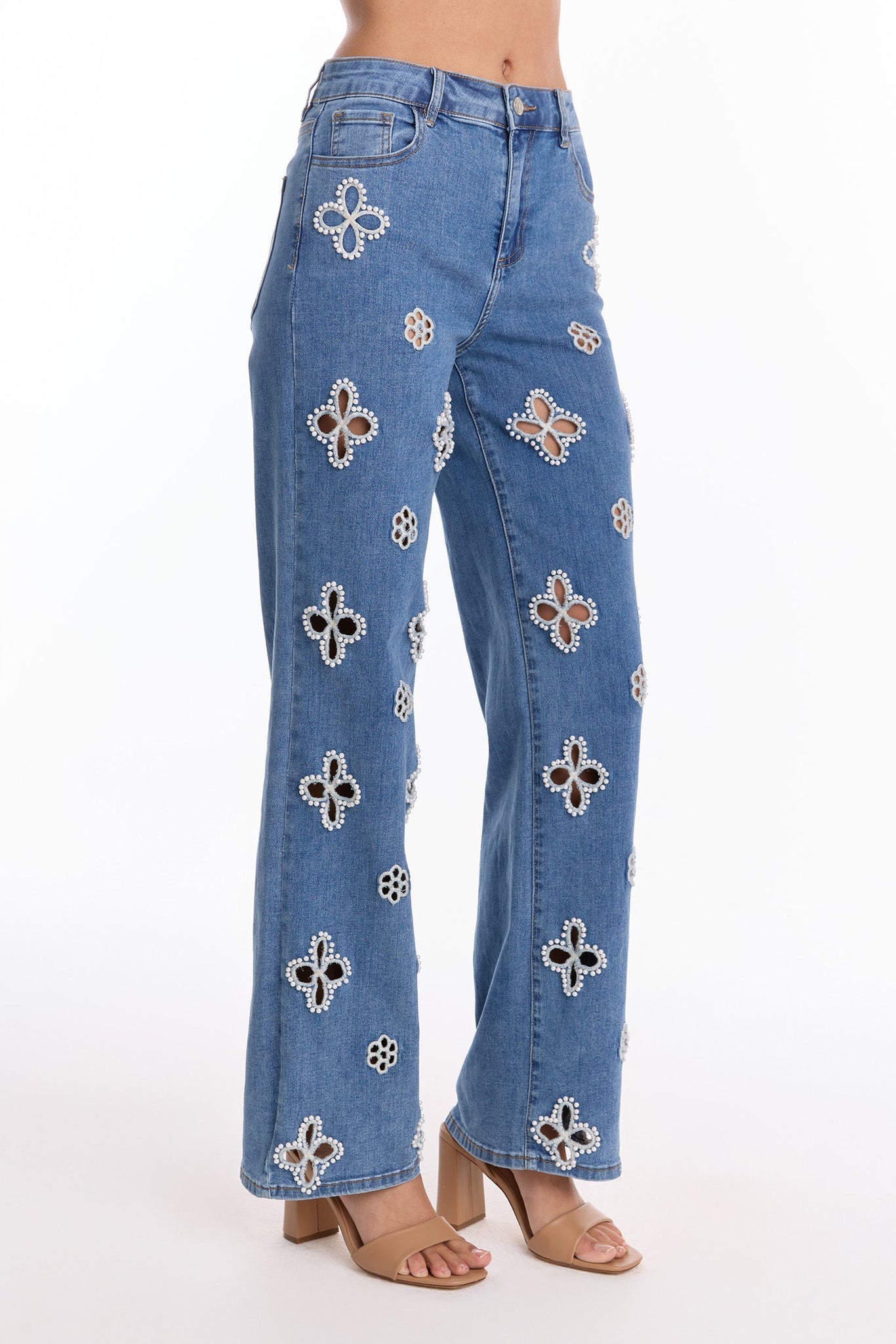 Denim Wide - Leg Jeans with Embellished Cut - Out Floral Details