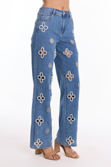 Denim Wide - Leg Jeans with Embellished Cut - Out Floral Details