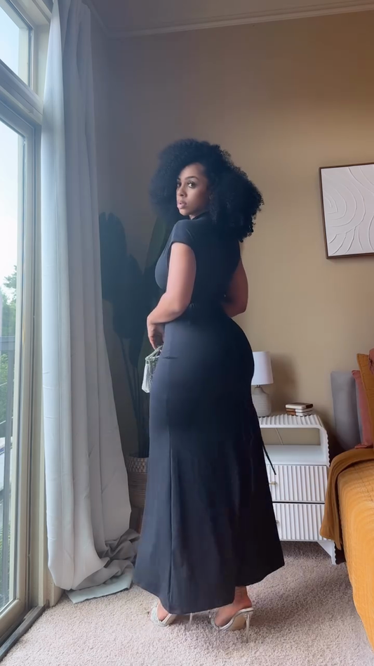 Black Ruched High - Neck Maxi Dress