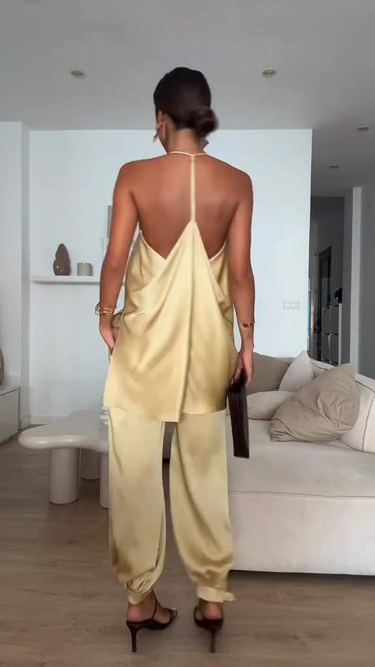 Gold Satin Halter Neck Top & Pants Set