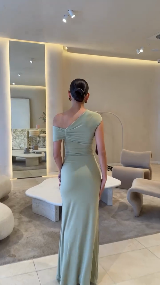 Mint Green One - Shoulder Maxi Dress with Gold Accent